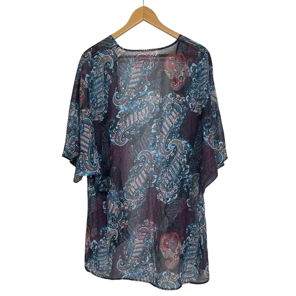 Paisley Sheer Kimono Cardigan‎ XL Blue Purple Boho Open Front Layering Top - Image 2