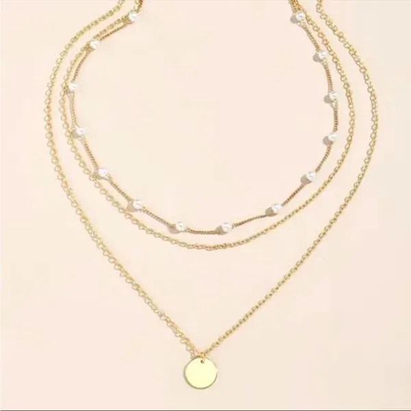 New Elegant Crystal Faux Pearl Pendant Necklace Layered Pearl Chain-Golden - Image 3