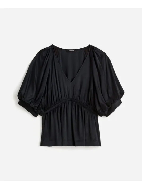 Madewell Black Shirred Puff-Sleeve Top in Satin - Size: Medium - Image 9