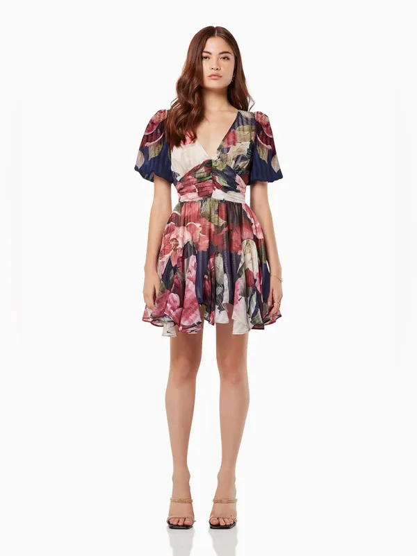 Elliatt Grandstand Chiffon V Neck Boho Flare Summer Mini Dress Navy Floral Multi - Image 2