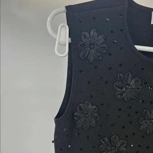 Talbots Black sleeveless silk blend sequin floral knit top S casual office - Image 7