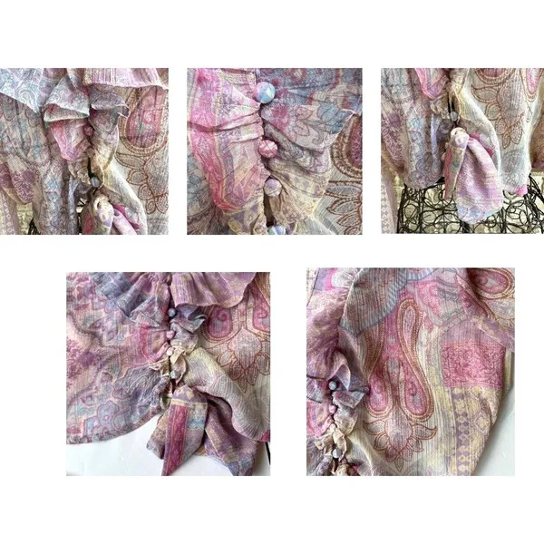 Ruffled Knotted Crop Top Blouse Medium Paisley Abstract Gold Color … - Image 6