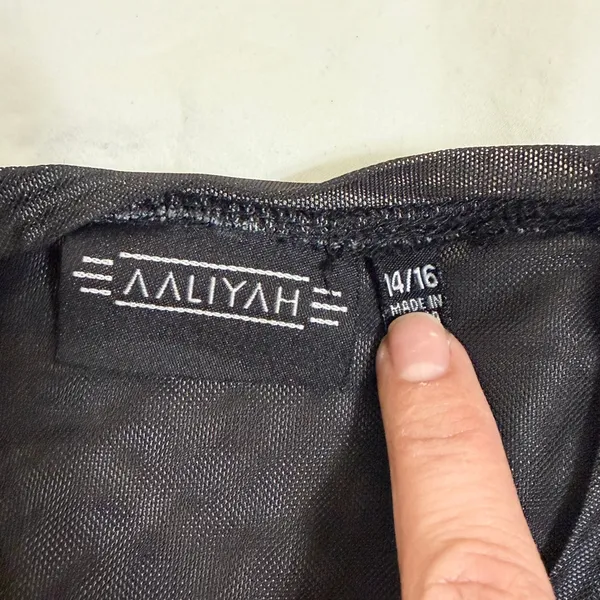 Aaliyah Mesh Long Sleeve Crop Top Black Graphic XS‎ (14-16) Y2K 90s Streetwear - Image 5
