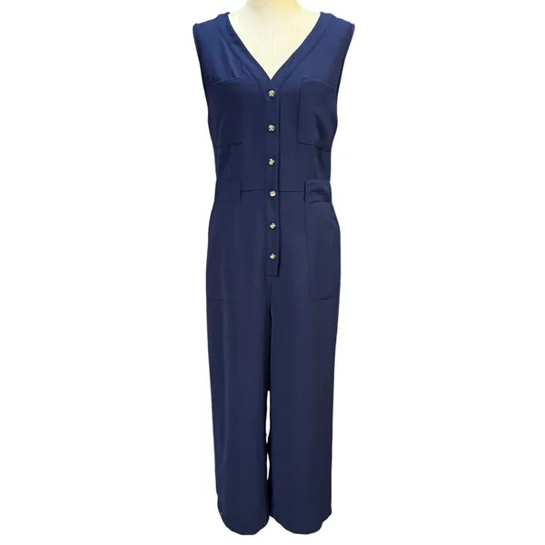 A New Day M Button Front Utility Jumpsuit Navy Blue Coastal Summer Officewear - Image 2