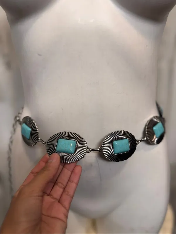 Western Southwestern Turquoise Concho Chain Belt Silver Metal Boho Festival Wome - Image 5