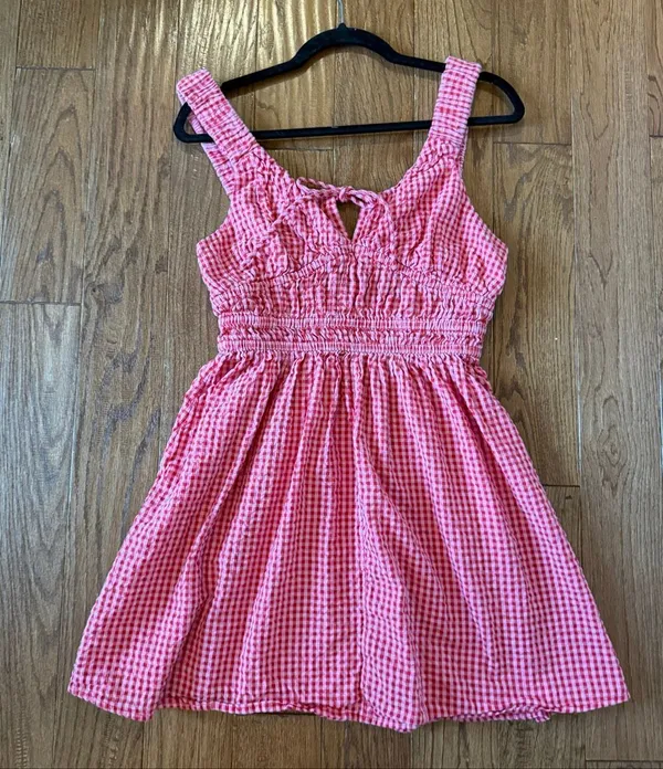 Asos pink and red gingham smocked waist mini dress milkmaid size 6 - Image 6