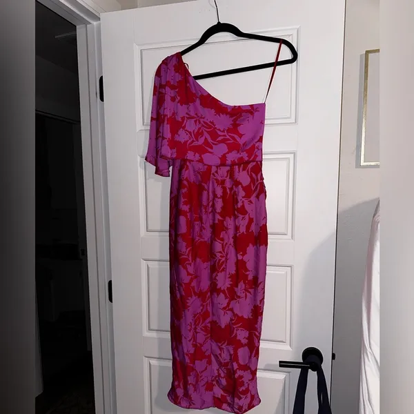 One Shoulder Pink and Red Midi Dress Size S - Image 5