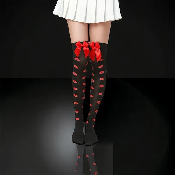 Lips Kiss Mesh Thigh High Stockings Bow Decor Valentines Day Over The Knee Socks - Image 2