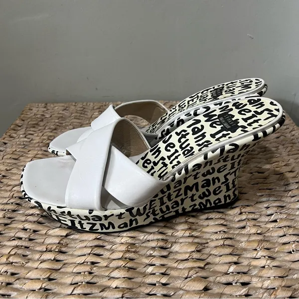 Stuart Weitzman New Black & White Leather‎ Graffiti Print Logo Sandal Wedge 9.5 - Image 6
