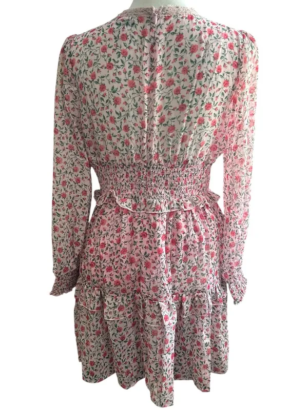 Pink Floral Long-Sleeve V-Neck Ruffled Mini Dress - Image 4