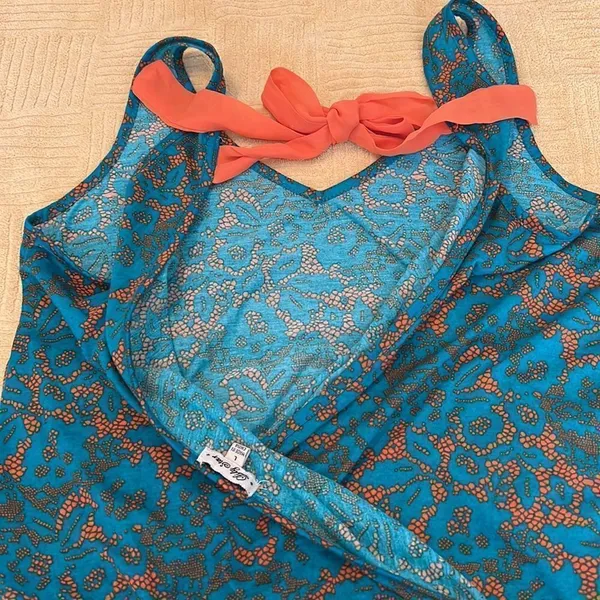 Lily Star beautiful vibrant teal & orange wrap back tank top w/ orange ties - Image 9