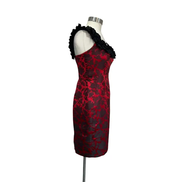 Maggy London Red Black‎ Brocade Ruffle Neck Cocktail Party Dress Size 8 - Image 3