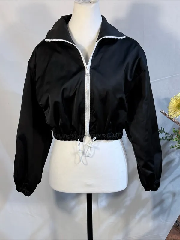 💥Polly Cropped Windbreaker Jacket Black White Zip Toggle Hem Lightweight S/M💚 - Image 11