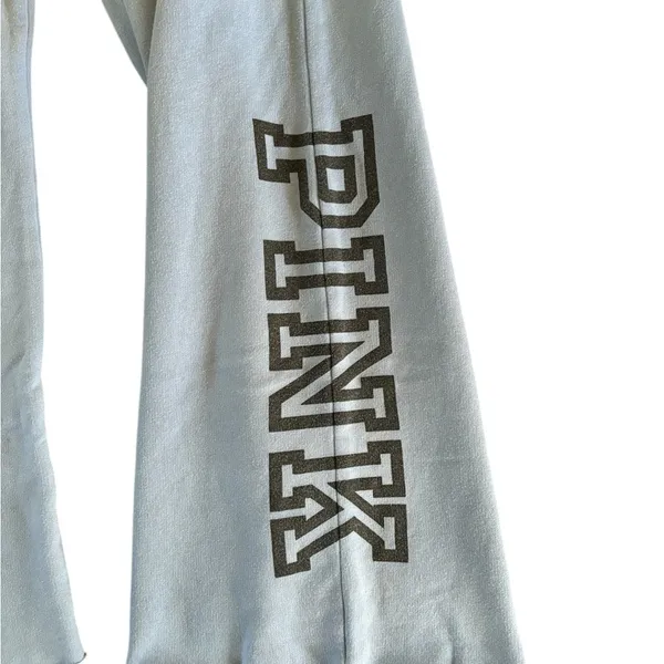 Pink VS Flare Pull On Sweatpants Sz L Blue Drawstring Raw Hem Pink Spell Out - Image 3