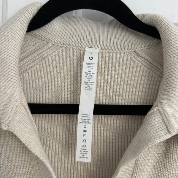 Lululemon Collared Merino Wool Blend Sweater Size L Heathered Bone Cropped - Image 6