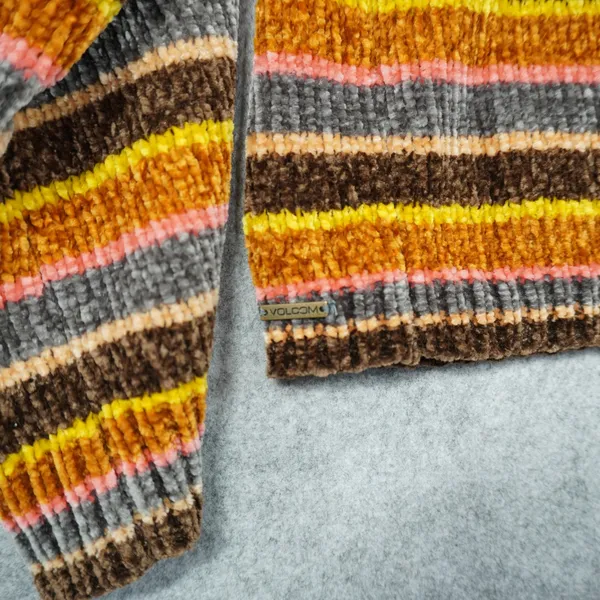 Volcom Women's XL Chenille Striped Cropped Crew Neck Sweater Brown Orange Yellow - Image 10