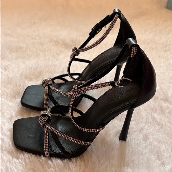 Charlotte Russe Black Strappy Heels with Rhinestone Accents - Image 2