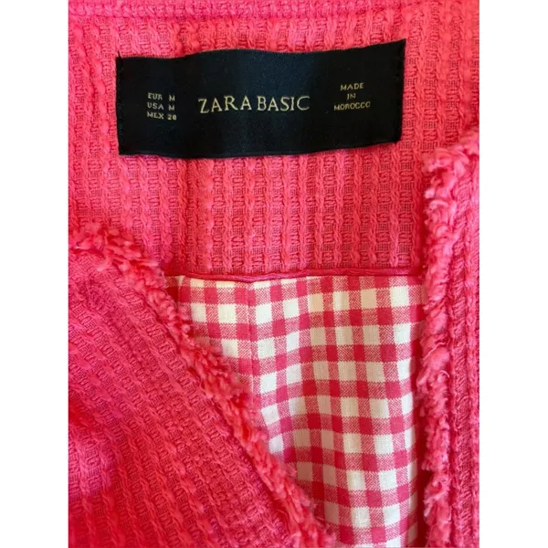 Zara Basic Cotton Tweed Jacket Frayed Fringe Pink Womens Size Medium NEW - Image 5
