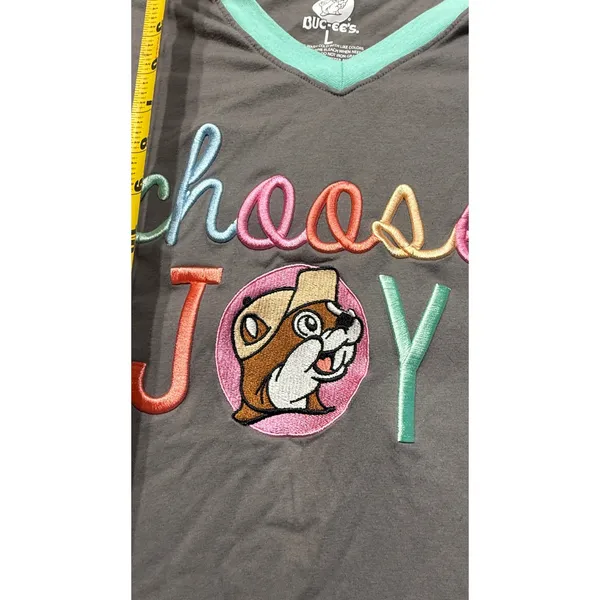 Buc-ee's Choose Joy Embroidered V-Neck Ringer T-Shirt Gray Teal Women Large - Image 4
