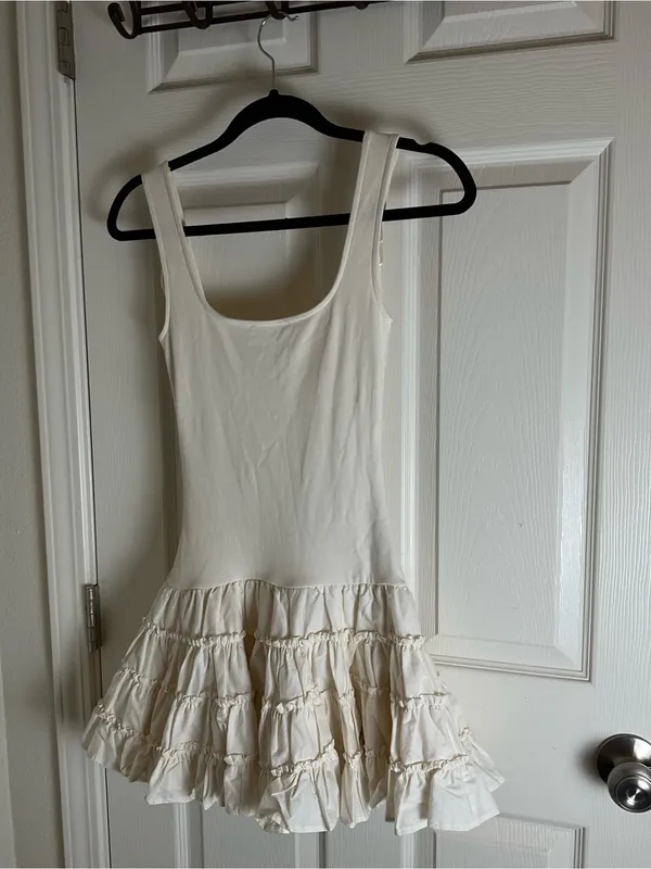 ZARA Cream Ribbed Knit Drop Waist Tiered Ruffle Mini Dress Small Balletcore - Image 6