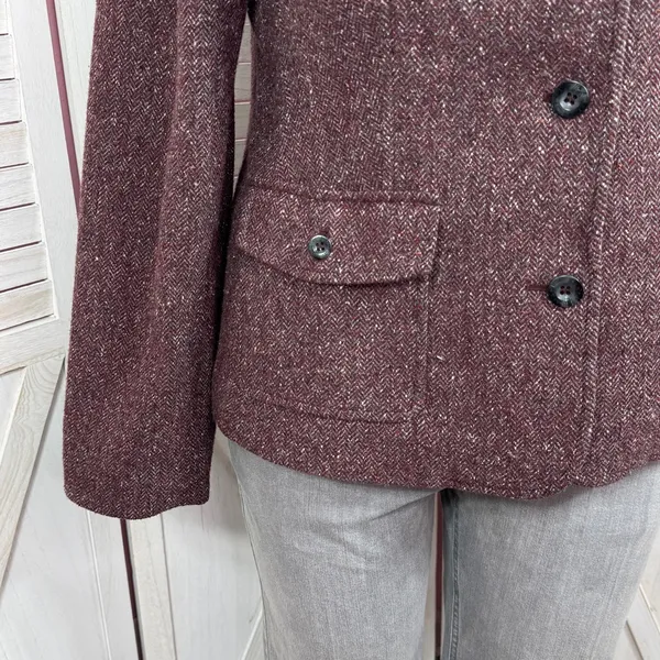 Vintage L.L. Bean Tweed‎ Blazer Large Burgundy Herringbone Wool Silk Blend Maroo - Image 6