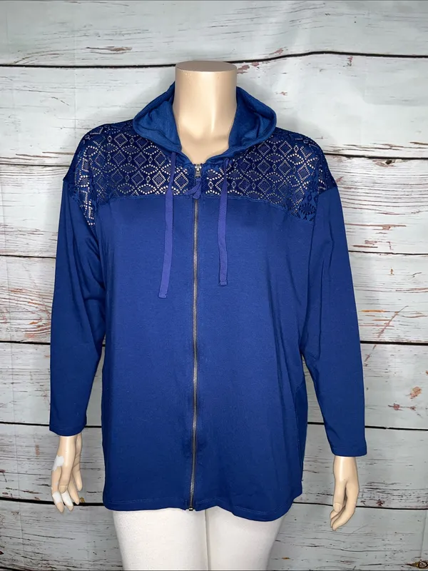 LOGO Lounge Lori Goldstein 2X Blue - Eyelet Lace Zip Front Knit Jacket w/ Hood - Image 5