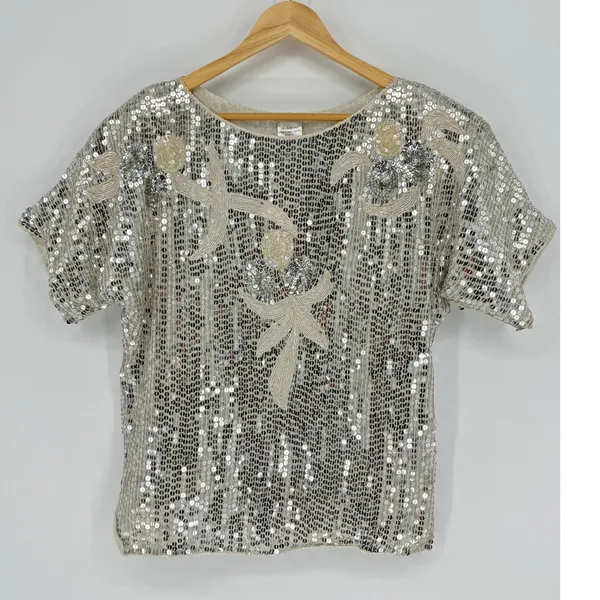 Vintage Elegance by Anujan 100% Silk Sequin Top Small Beaded White‎ Silver Party - Image 2