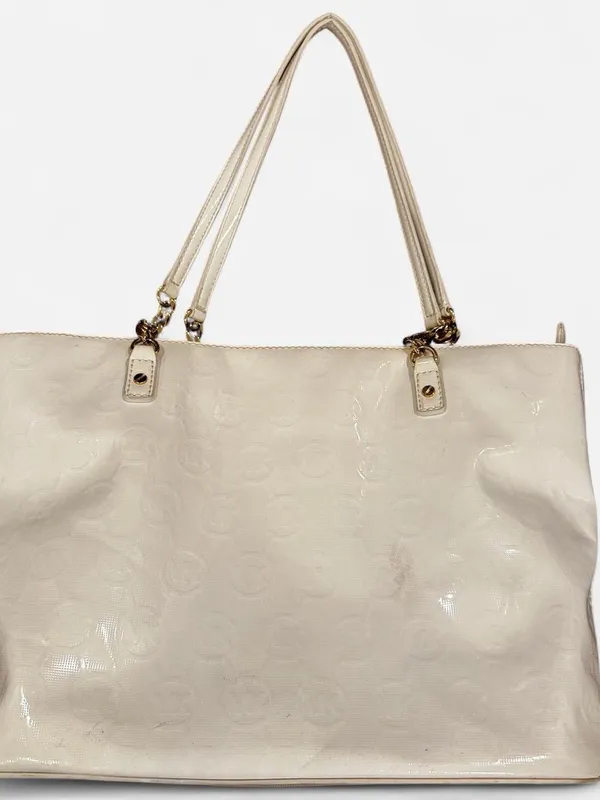 Michael Kors White Embossed Logo Patent Tote Bag Chain Strap Shoulder Purse - Image 2