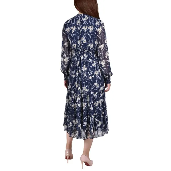 NWT Ny Collection Womens Long Sleeve Clip Dot Chiffon Dress Blue Floral S - Image 3