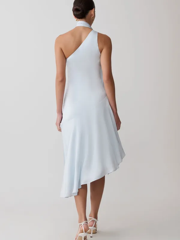 NWT Meshki Evelina Halter Asymmetric Hem Midi Dress Ice Blue Light Blue XS - Image 4