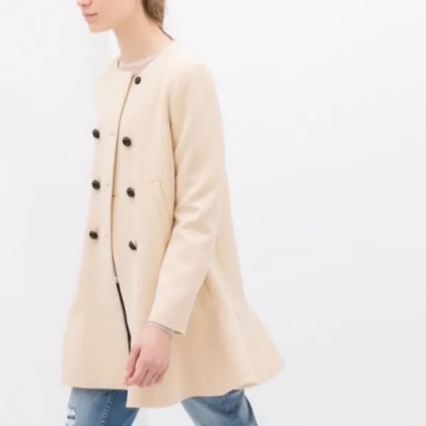 Zara NWT ivory cream double breasted buttons ruffle hem pea coat mini dress - Image 3