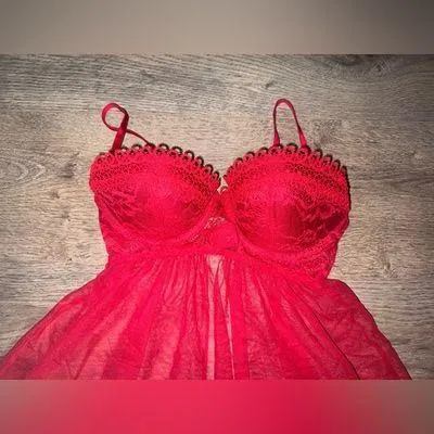 Victoria’s Secret Red Lacy Baby Doll Mini Lingerie Dress 34C - Image 2