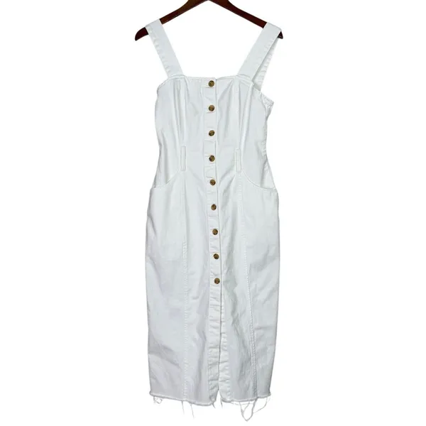 Zara Bodycon Overall Sleeveless Denim Midi Dress Raw Hem Button Down S White - Image 12