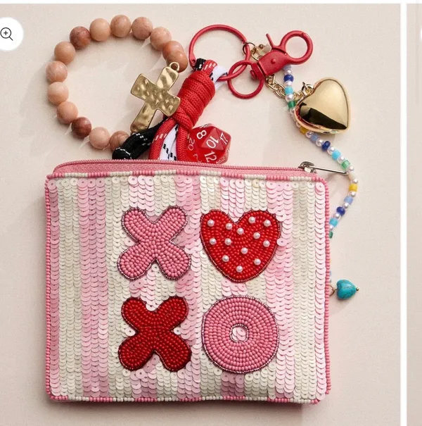 Beaded XOXO Heart Sequin Pouch Pink - Image 2