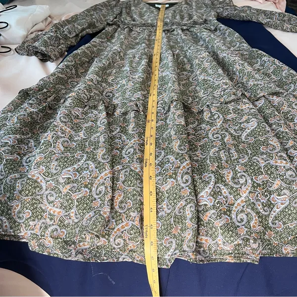 Love Riche Chiffon Olive Paisley Ruffle Long Sleeve Peasant Tiered Maxi‎ Dress M - Image 16
