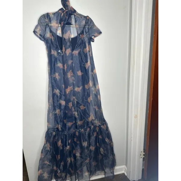 STAUD Botanical Navy Calluna Organza Mesh High Neckline Tie Back Gown size Small - Image 3