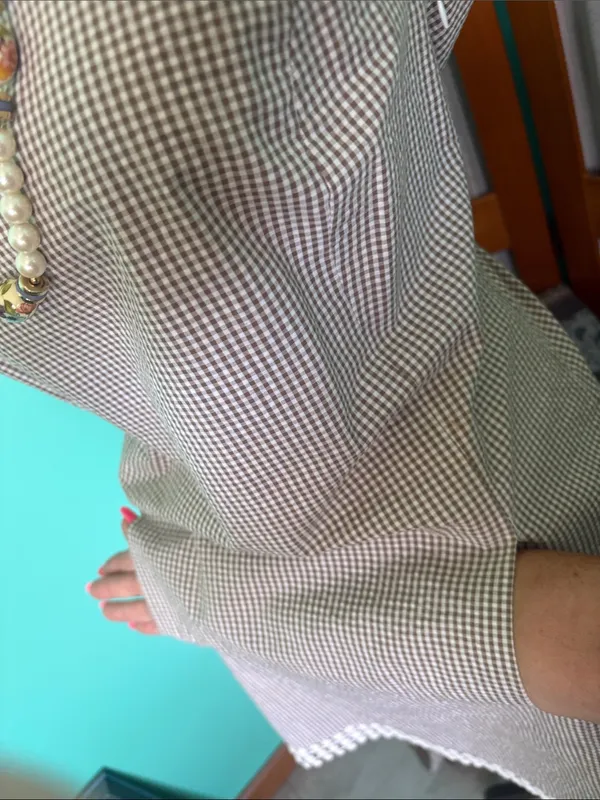 Tibi light brown & White Gingham Midi Dress with Crochet Trim - Image 6