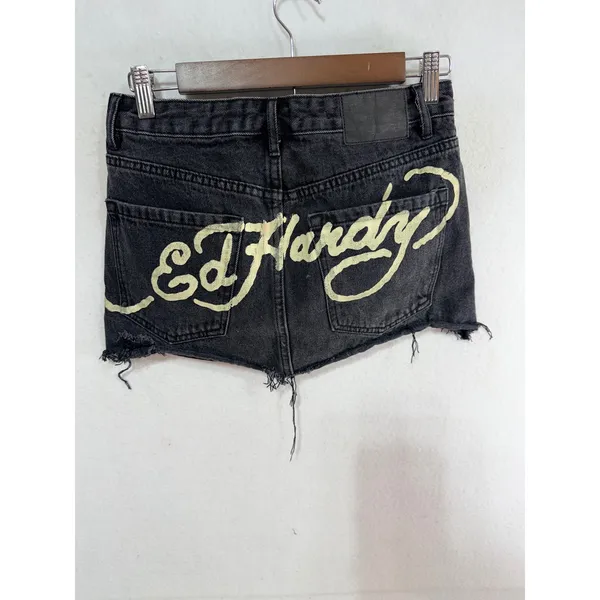 Ed Hardy Denim Cutoff Mini Skirt Panther Rose Distressed Women's S Black Tattoo - Image 2