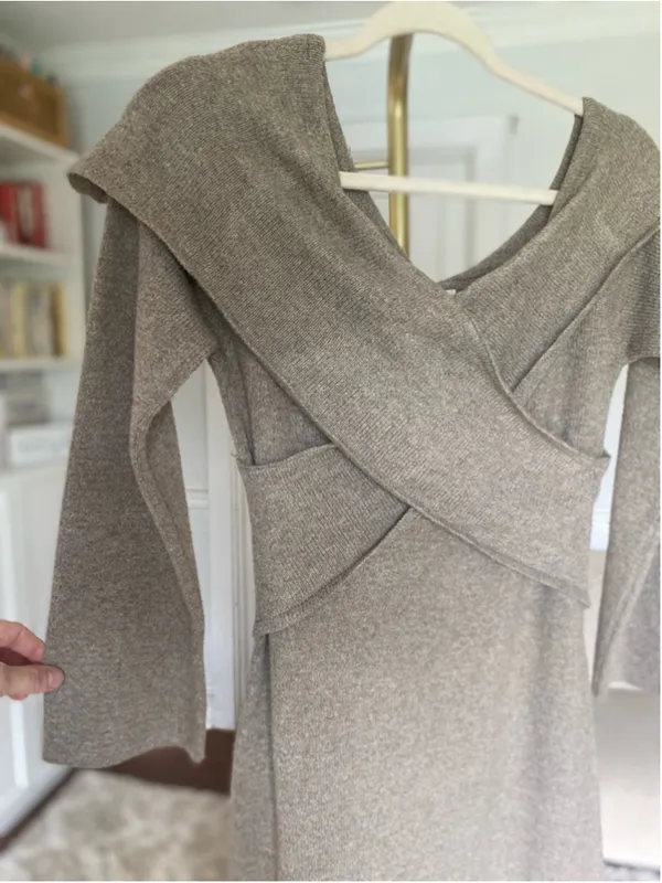 Pretty Lavish Bodycon Midi Dress Taupe Off Shoulder Knit Neutral Quiet Luxur NEW - Image 5