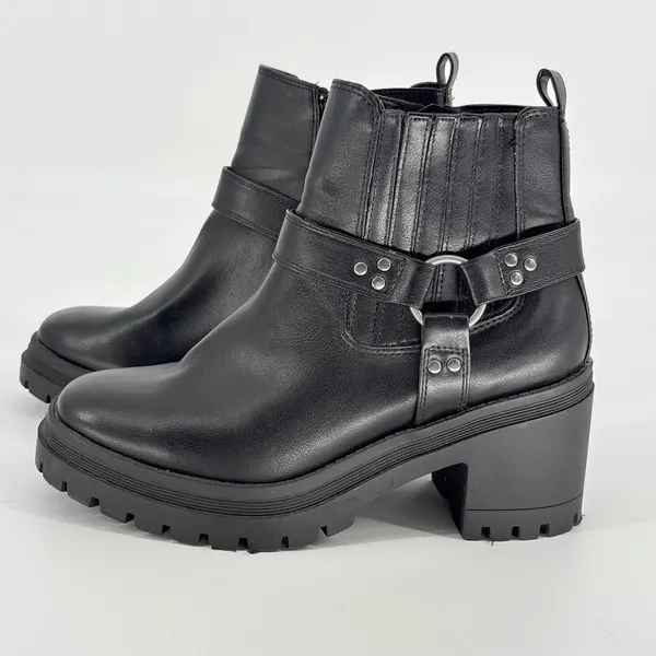 Sincerely Jules Dolphin Moto Ankle Boots Womens 8 Black Harness‎ Lug Sole Biker - Image 4