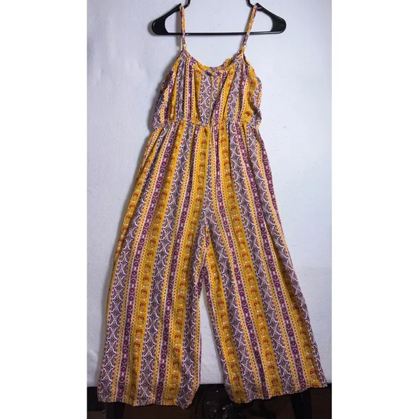 AUW Women Mustard Yellow Boho Striped Wide Leg Jumpsuit Large Floral Geometric - Image 4