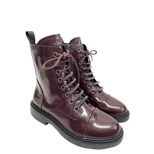 DKNY Burgundy Patent Leather Combat Boots Lace Up Zip Size 6M - Image 3