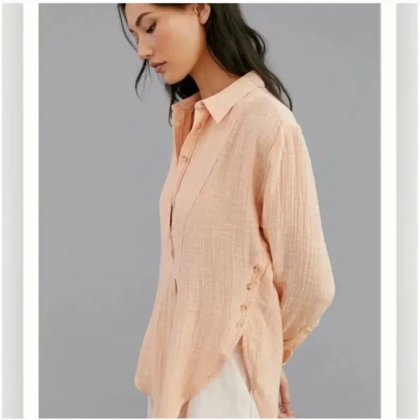 Anthropologie Orange Peach Cotton Gauze Bib-Front Popover Long Sleeve Shirt S - Image 3