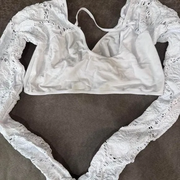 Free People Movement Say The Word Shrug White M/L Pointelle Lace Thumbhole Crop - Image 6