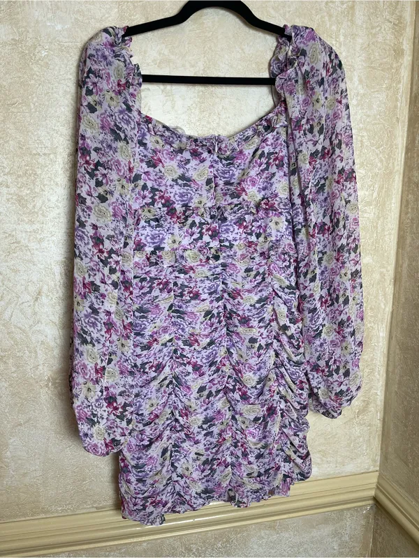 ASTR The Label Floral Ruched Puff Sleeve Mini Dress Purple Sz L Fairy Whimsical - Image 8