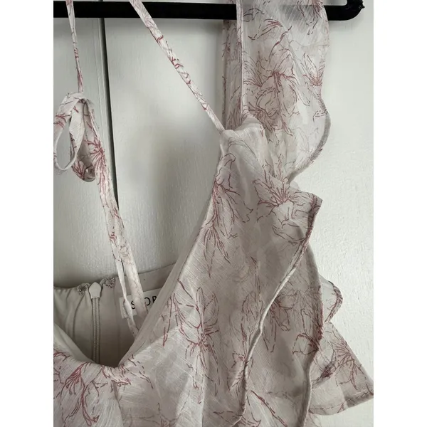 Storia Ruffle Floral Maxi Dress Cream Burgundy V-Neck Mermaid Gown Wedding Guest - Image 5