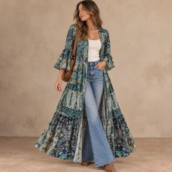 R.Vivimos Paisley Maxi Dress Cardigan Tie Front Bell Sleeve Duster Teal S - Image 2
