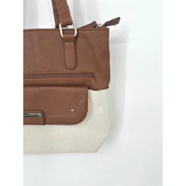 Stone Mountain Tote Bag‎ Purse Brown Ivory Canvas Faux Leather Shoulder Bag - Image 3