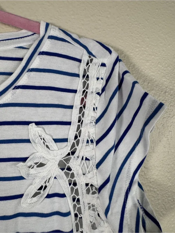 Maeve White Blue Striped Crochet Crop Blouse Womens L Casual Girly Coquette - Image 8