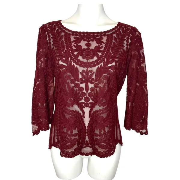 REISS Alden Lace 3/4 Sleeve Claret Burgundy Semi Sheer Blouse‎ Top Large - Image 2